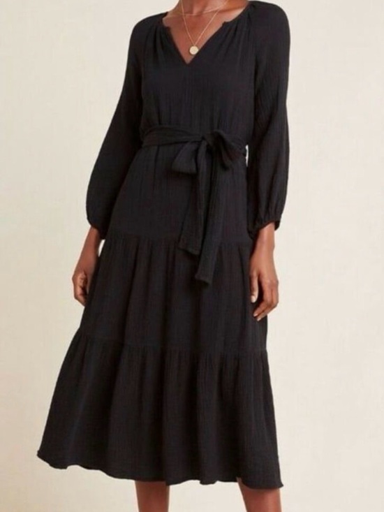 Velvet by Graham & Spencer Dresses & Skirts - Velvet by Graham & Spencer Black V-Neck Tiered Midi Dress 100% Cotton Gauze